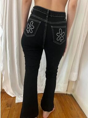 SHEIN Black Flare Jeans with White Daisy Stitching
